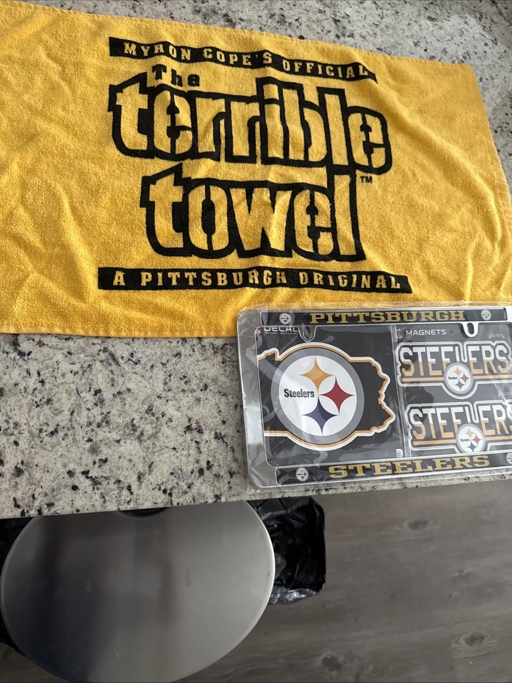 Marco de matrícula, imanes, calcomanía y toalla terrible de Pittsburgh Steelers Foto 1 de 1