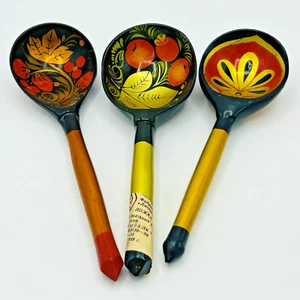 Lote De Colección 3 Cucharas De Madera Rusas Tradicionales Khokhloma Fresas Florales Naranjas - Imagen 1 de 12