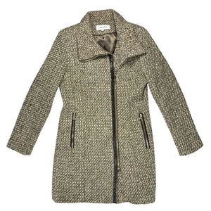 Calvin Klein Tweed Wool Pea Coat Brown Faux Leather Trim Classic Dressy Business - Picture 1 of 19