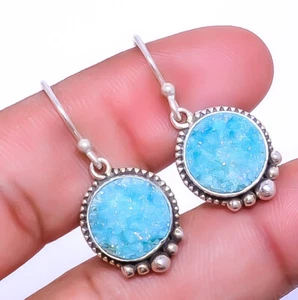 Aqua Blue Quartz Drusy Gemstone 925 Sterling Silver Bali Earring 1.25" A343 - Picture 1 of 1
