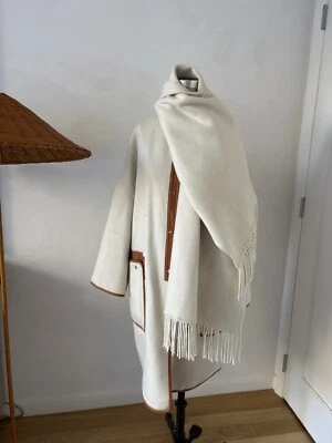 Unique  Cream Coat Wool Silk Rabbit Hair With Leather Trip And Removable Scarf - Image 1 of 4