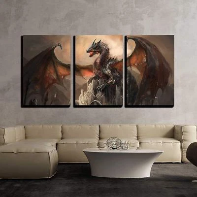 Wall26 - War with the Dragon on Castle - Canvas Wall Art Decor- 16"x24"x3 Panels