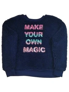 Girls Dark Blue Furry Make Your Own Magic Soft Hoodie Sweatshirt Faux Fur - Picture 1 of 1