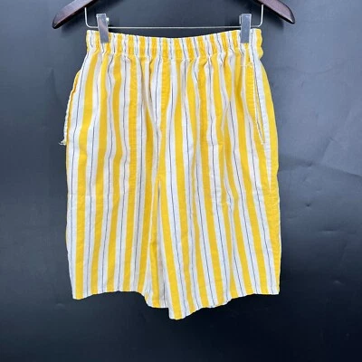 Vintage 80s high rise baggies lemon yellow stripe shorts I.C.E. cotton bold L - Image 1 of 4