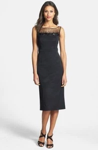 $398 nuevo talla. 6 ml Monique Lhuillier Negro Cuentas Cuello Fallido Vestido Vaina - Imagen 1 de 6