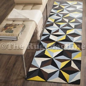 VIVID GEOMETRIC YELLOW BLUE THICK HANDMADE WOOL FLOOR RUG RUNNER 80x400cm **NEW* - Picture 1 of 5