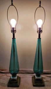 Set Teal Blue Murano Blown Glass Table Lamps Tear Drop Marble Base Italy MCM 38" - Picture 1 of 24