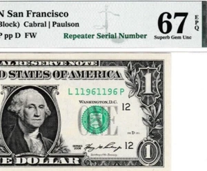 FANCY REPEATER SERIAL # L 1196-1196 P $1 Federal Reserve note Fr.1933-L PMG 67 - Picture 1 of 3