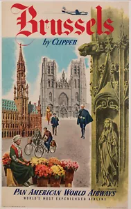 Affiche originale Aviation - Bruxelles par Clipper - PanAm - Grand Place - 1951 - Photo 1/6