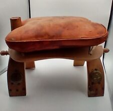 VTG Egyptian Camel Saddle Stool Leather, Wood, Brass Nerfertiti Design Ottoman