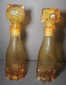 Vintage/Rare Empoli Decanter Set Cat & Dog Italian Amber Glass Bottles MCM 9” - Picture 1 of 16