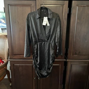 Zara schwarzes gerafftes Cocktail Hemd Kleid recyceltes Polyester L - Bild 1 von 7