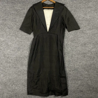 VINTAGE 50s Black Silk Dress Women Size 15 Modesty Flap Classic Handmade - Image 1 of 4