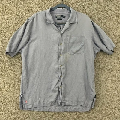 Polo Ralph Lauren Caldwell Shirt Mens Large Blue Silk Linen Loop Collar Camp VTG - Image 1 of 4
