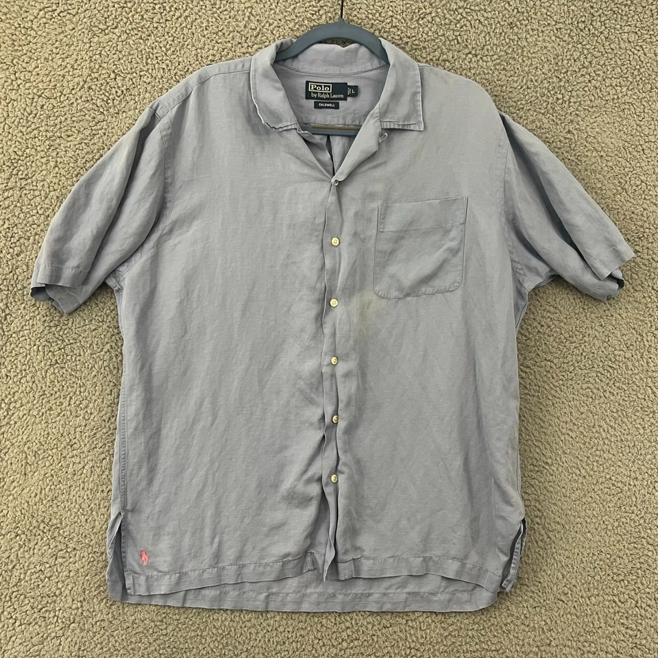 Camisa Polo Ralph Lauren Caldwell Para Hombres Grande Azul Seda Lino Cuello Lazo Campamento De Colección Foto 1 de 4