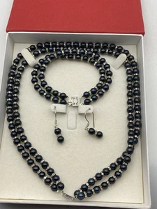 Vintage Set Steel Blue Faux Pearl Silver Rhinestone Róndeles Necklace Bracelet - Picture 1 of 7