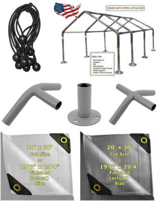 18x30 Canopy Kit 1-3/8" ID+Standard Tarp Carport Tent Shade NO Poles W/Foot Pads - Image 1 of 4