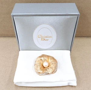 Christian Dior Vintage Gold Tone Flower Rhinestone Faux Pearl Brooch Pin w/ Box - Picture 1 of 19
