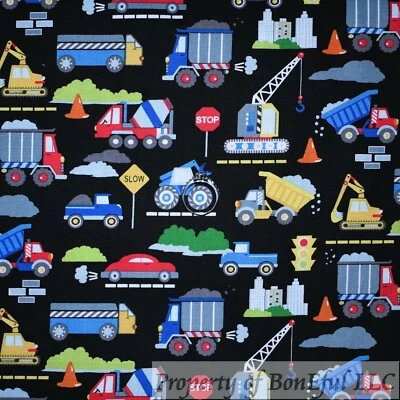 BonEful FABRIC Cotton Quilt Black Rainbow Construction Vehicles Truck Kid SCRAP - Image 1 of 4