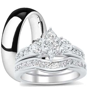 His Her TRIO Wedding Set Marquise Trillion CZ Wedding Engagement Rings Men Women - Picture 1 of 6