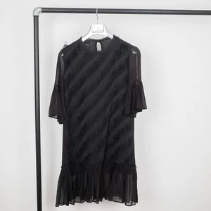PINKO Mini Abito da Sole Nero Manica Corta Relaxed A-Line a Righe Taglia IT: 42/M - Foto 1 di 15