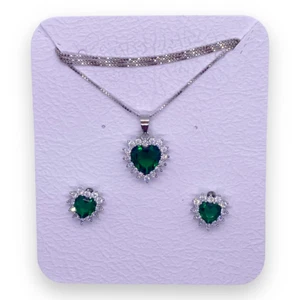 Collana + Orecchini Principessa Cuore in argento 925% Smeraldo e brillanti - Foto 1 di 3