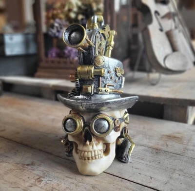 Teschio Steampunk Statua Argento Oro Antico Gotico Steampunk Stile Nuovo - Immagine 1 di 4