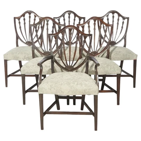 Antique Set of Six Mahogany Hepplewhite Shield Back Dining Chairs circa 1920 Cover