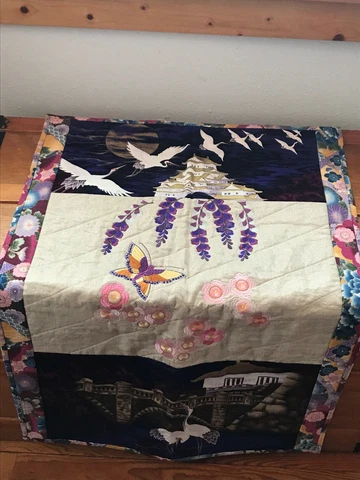 Estate Handmade Pink Purple and Tan Asian Snow Crane & Temple with Embroidered Cover