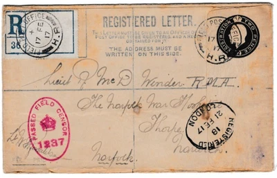 NS28 1917 WW 1 FPO HR (C/F) CUBIERTA REGISTRADA PARA OFICIAL DE LA MARINA REAL EN HOSPITAL Foto 1 de 2