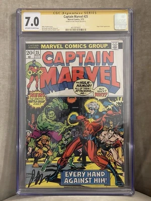 CAPTAIN MARVEL #25 (1973) CGC 7.0 SS  OW/W PAGES SIGNED JIM STARLIN THANOS CAMEO - Image 1 of 2