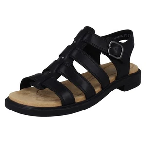 Sandalias planas de verano con hebilla de cuero negras de la colección Clarks para dama *Trivanni Lux* - Imagen 1 de 10