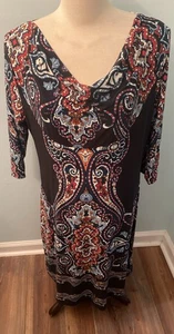 ICE SILK Women’s Sz 2XL V-Cowl Neck 3/4 Sleeve Below Knee Print Dress NWT - Picture 1 of 16