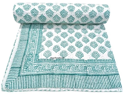 Floral Hand Block Printed Kantha Throw, Indian Soft Cotton Kantha bedcover /Sofa - Image 1 of 4