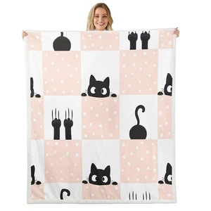 Black Cute Cat Throw Blanket,Pink Geometric Grid Blankets for Kids Girls Boys... - Picture 1 of 9