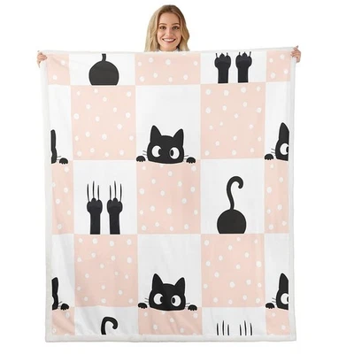 Black Cute Cat Throw Blanket,Pink Geometric Grid Blankets for Kids Girls Boys... - Image 1 of 4