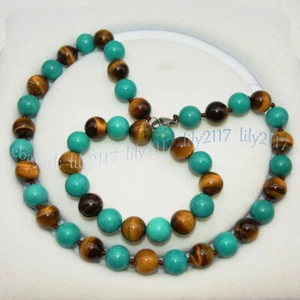 Natural Green Turquoise Yellow Tigers Eye Round Gems Beads Necklace Bracelet Set - Picture 1 of 17