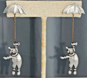 Vintage JJ JONETTE SCHMUCK Clown mit Regenschirm silberfarbene Ohrhänger Paar - Bild 1 von 5