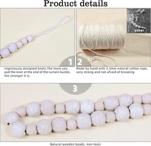 White Washed 2 Pcs Boho Curtain Tieback Wood Beads Holdbacks Outdoor Farmhouse - Picture 1 of 8