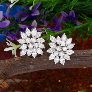 Lab Grown CVD Diamond Cluster Stud Earrings 18k White Solid Gold 2.95 Ct. - Picture 1 of 7