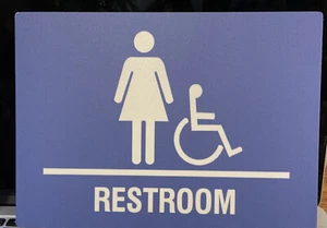 Women’s Restroom Sign Blue & White- Includes Adhesive 18 X 12 Plastic Damage - Picture 1 of 4