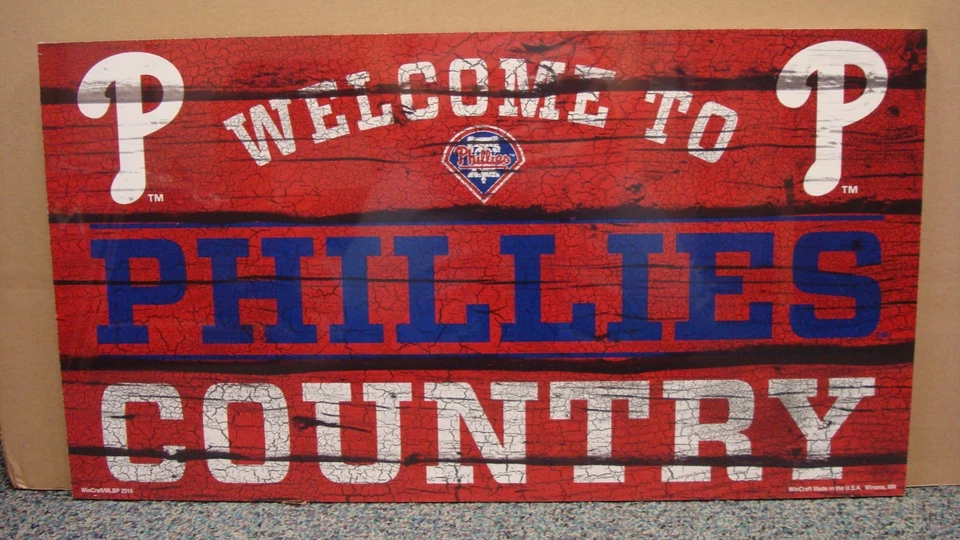 PHILADELPHIA PHILLIES WELCOME TO PHILLIES COUNTRY WOOD SIGN 13"X24'' WINCRAFT - Image 1 of 1