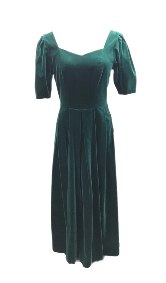 Vintage Laura Ashley Velvet Dress - Size 8 Emerald Green Sweetheart Neck 50s - Image 1 of 4