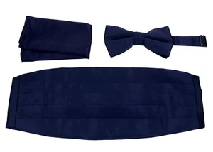 Men's Solid Navy 3 Piece Cummerbund Bow Tie Hanky Set Formals Proms Weddings - Picture 1 of 3