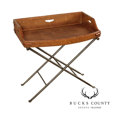 Tommy Bahama Style Rattan Tray Table, Iron Base Cover