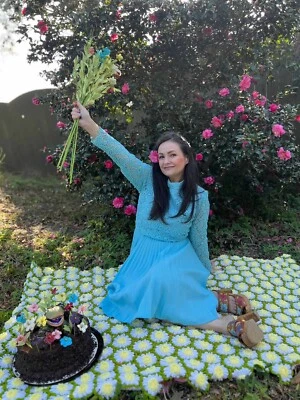 Vtg Women’s Blue Dress Size Medium Pleated Skirt Sheer Sleeves  Belted 60s 70s - Image 1 of 4