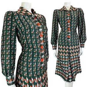 VTG 70S ART NOUVEAU ACORN GREEN ORANGE WHITE FLORAL SHIRT DRESS SIZE 12 14 - Picture 1 of 8