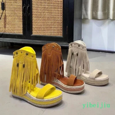 Leather Rivet Tassel Boots Women 2025 Summer Fashion Wedge Heel Zip Roma Sandals - Image 1 of 4