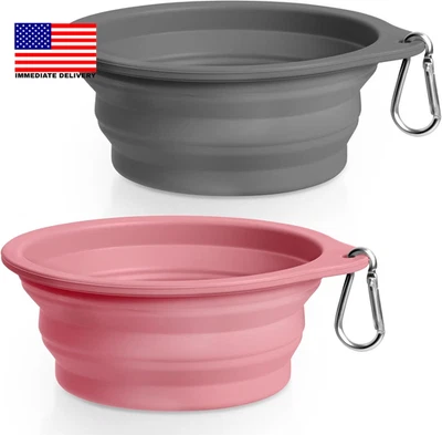 Paquete de 2 cuencos plegables de silicona para perros, aptos para lavavajillas sin BPA, plegables portátiles Foto 1 de 4