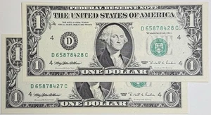 1995 $1 Federal Reserve *WEB* Note Consecutive Serial Numbers Uncirculated - Picture 1 of 5